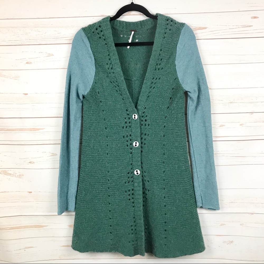 Free People Green Blue Wool Blend Lace Cardigan M